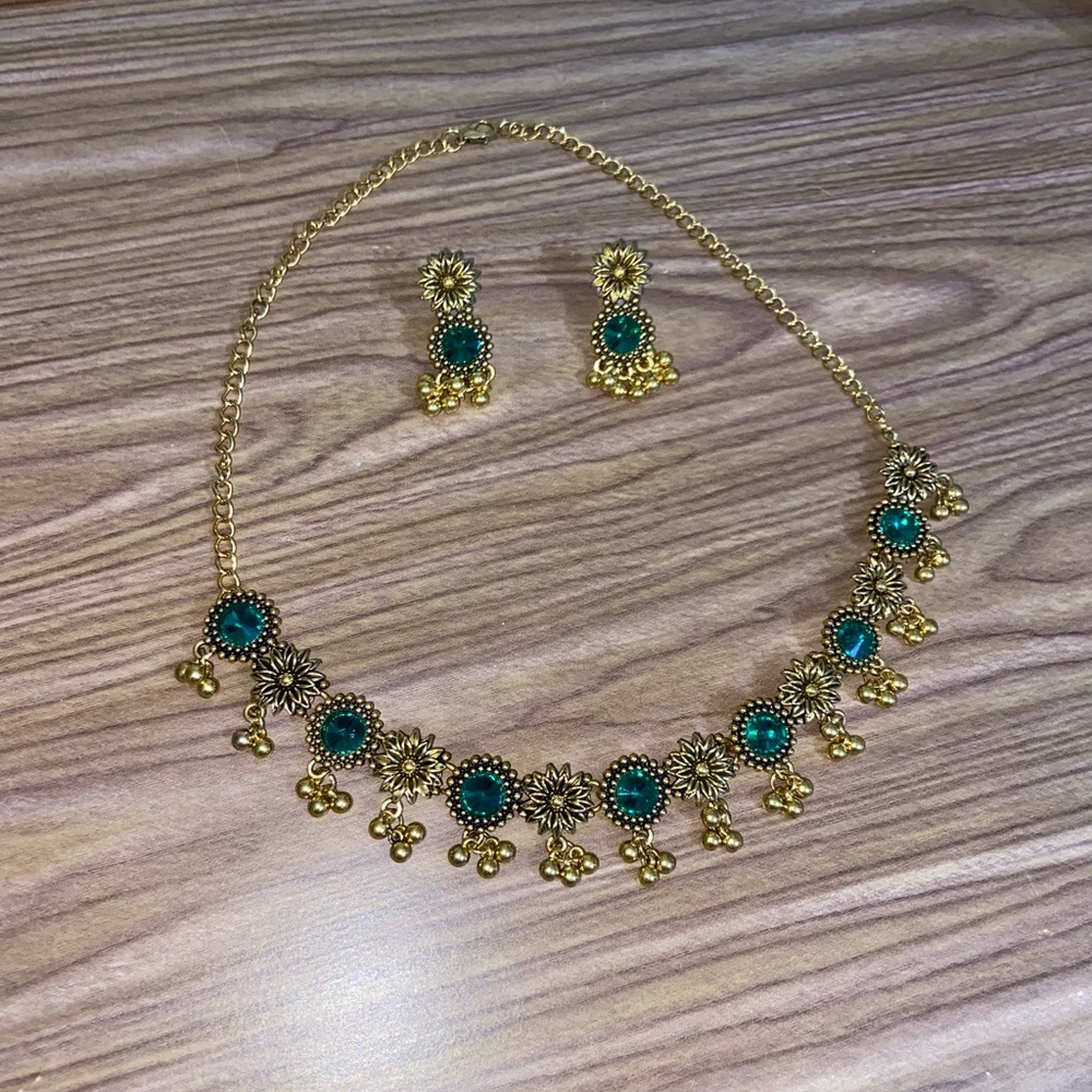 Gold-Tone Green Stone Floral Necklace & Earring Set